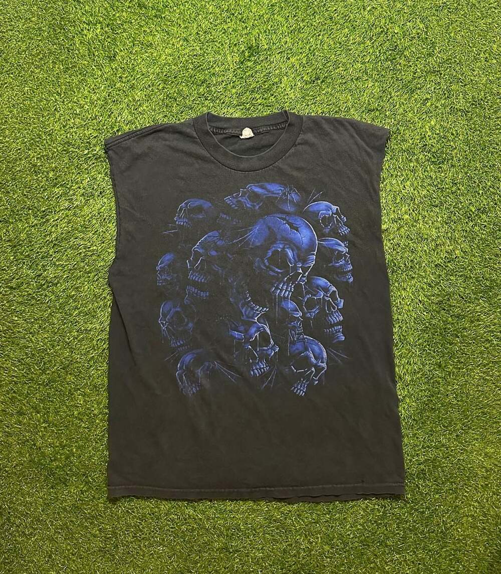 Y2K 2000s Alstyle Black Blue Skull Graphic T-Shirt Size L